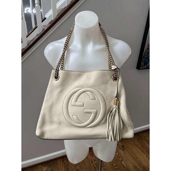 GUCCI Pebbled Calfskin Medium Soho Chain Shoulder Bag Off White Ivory - Picture 2 of 16